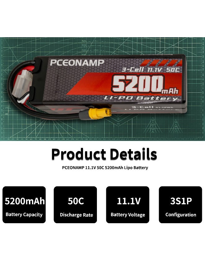 PCEONAMP 3S Lipo Battery 11.1V 50C 5200mAh with XT60 Plug High Capacity RC Cars Battery Fit for RC Car Model, RC Racing Car Truck Tank Boat Heli Airplane Quadcopter Helicopter - Image 3